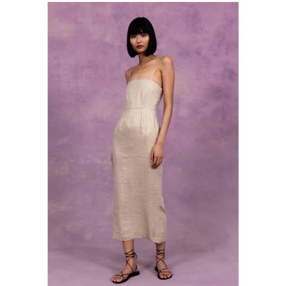 BNWT Posse Mya Midi Dress Gold Linen Lurex Sleeveless Square Neckline